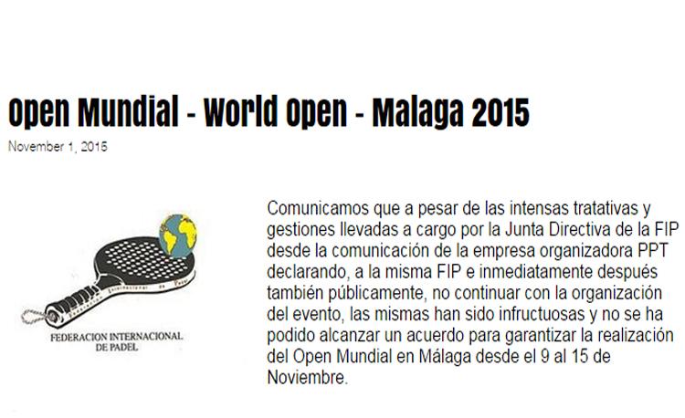 Comunicado de la Federación Internacional sobre el Mundial Open 2015