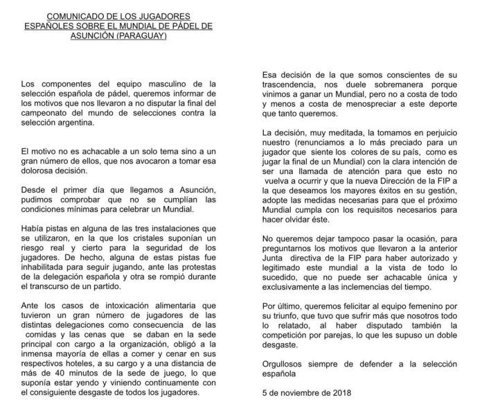 La carta de los jugadores de la FEP.